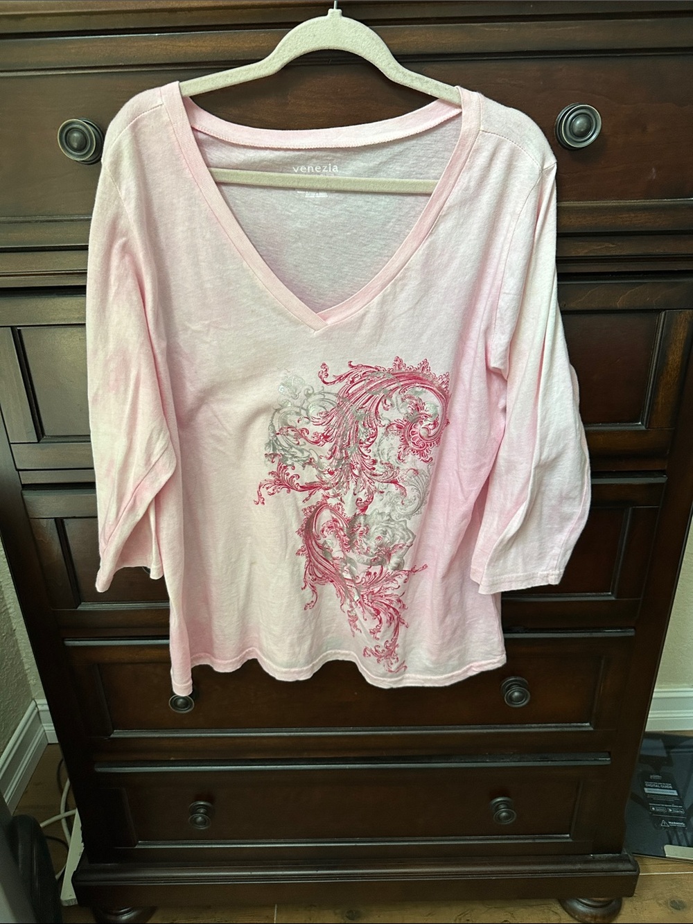 Venezia Pink V-Neck Embroidered Long Sleeve Top